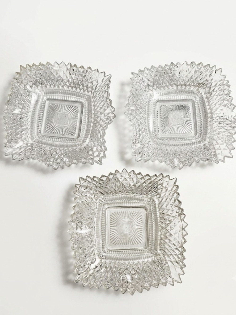 Vintage Indiana Glass Diamond Point Sunburst Square Bowls Set